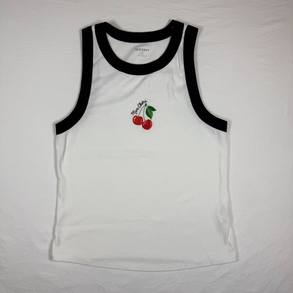 Old Navy Snug Fit Ribbed Tank Top Women's XL Tall Cherry Graphic White Black